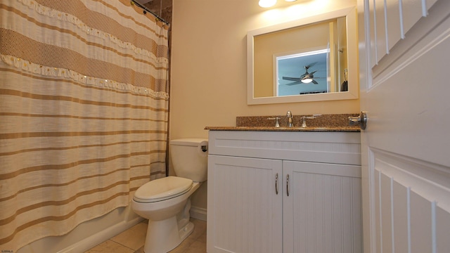 full bathroom with ceiling fan, vanity, shower / bathtub combination with curtain, tile patterned floors, and toilet