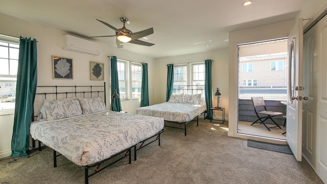 carpeted bedroom featuring an AC wall unit, multiple windows, and ceiling fan