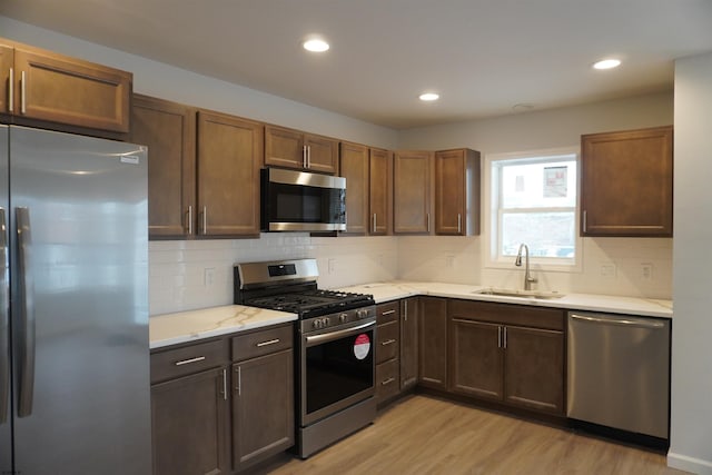 kitchen featuring backsplash, sink, light wood-type flooring, and stainless steel appliances