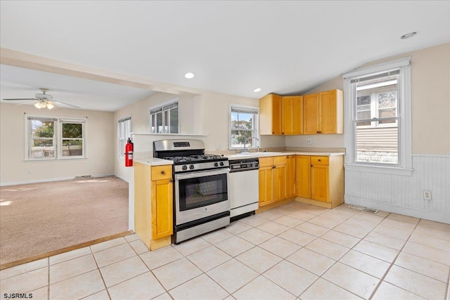 kitchen with ceiling fan, light carpet, sink, stainless steel gas stove, and dishwasher