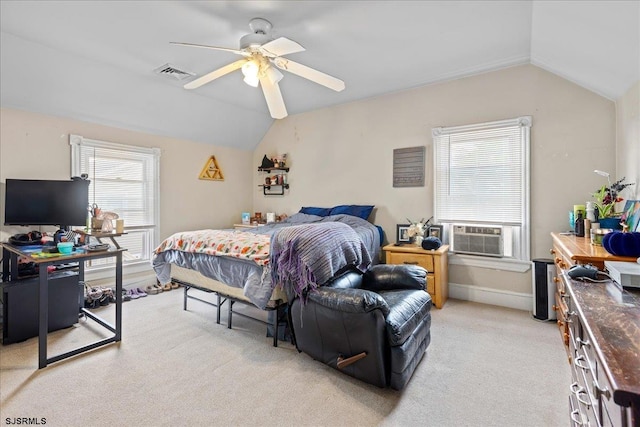 carpeted bedroom featuring ceiling fan, cooling unit, and lofted ceiling