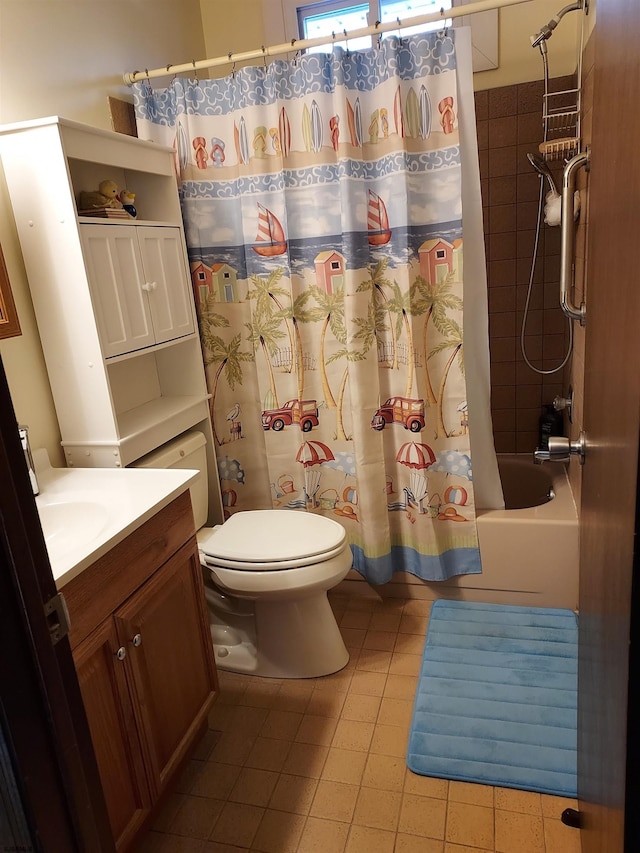 full bathroom featuring vanity, tile patterned flooring, toilet, and shower / bathtub combination with curtain