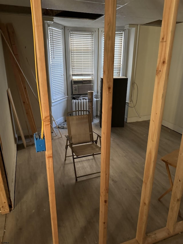 miscellaneous room featuring cooling unit, hardwood / wood-style floors, and radiator heating unit