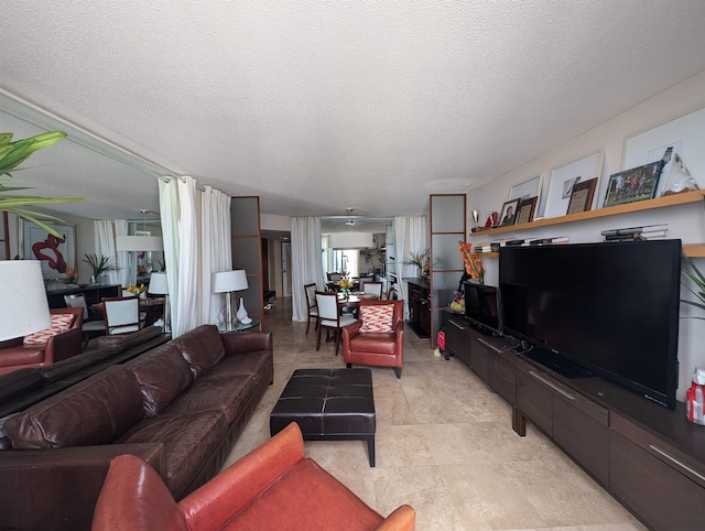 living room with a textured ceiling