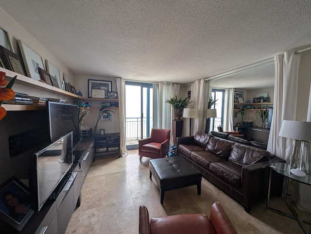 living room featuring a textured ceiling