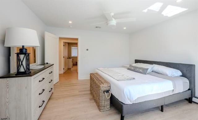 bedroom with light hardwood / wood-style flooring and ceiling fan