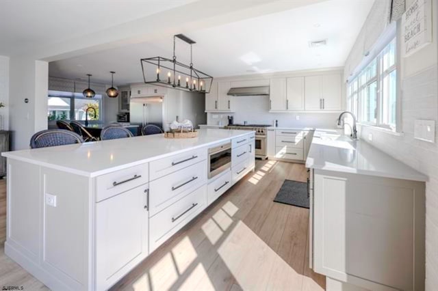 kitchen featuring stainless steel appliances, sink, light hardwood / wood-style floors, hanging light fixtures, and a large island