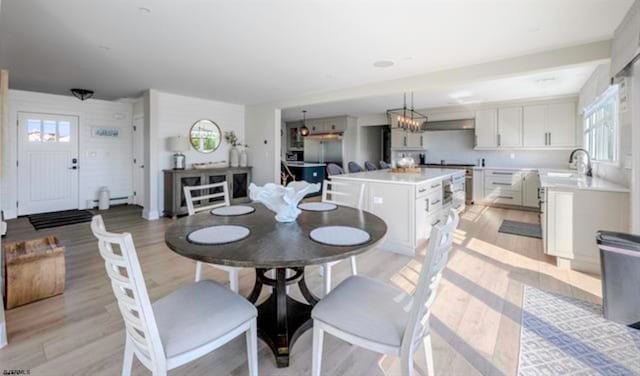 dining space with sink, a healthy amount of sunlight, a baseboard radiator, and light hardwood / wood-style floors