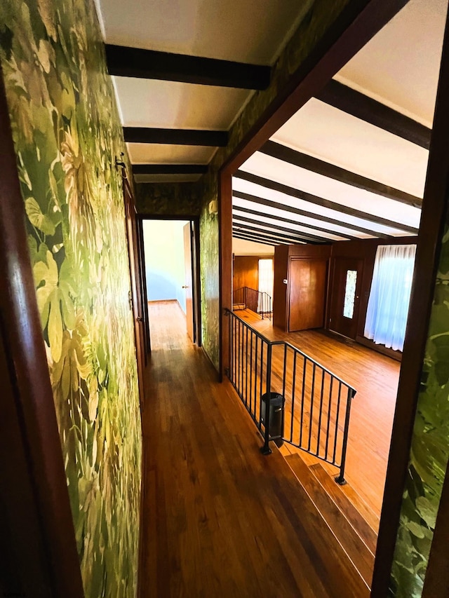 corridor with dark wood-type flooring and beamed ceiling