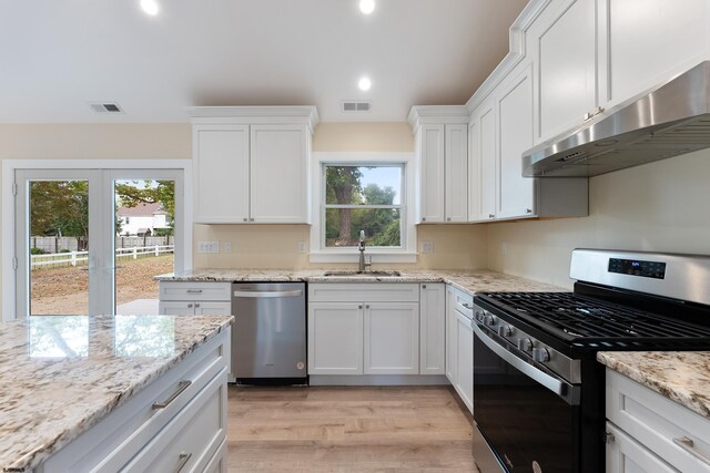 kitchen with a healthy amount of sunlight, stainless steel appliances, sink, and light wood-type flooring