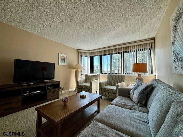 living area featuring a textured ceiling