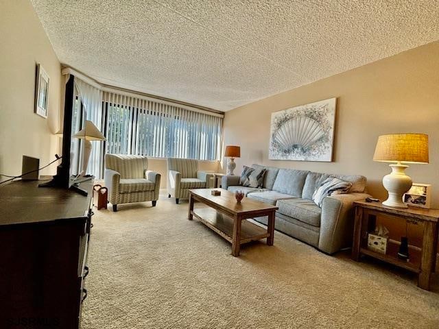 living room with carpet and a textured ceiling