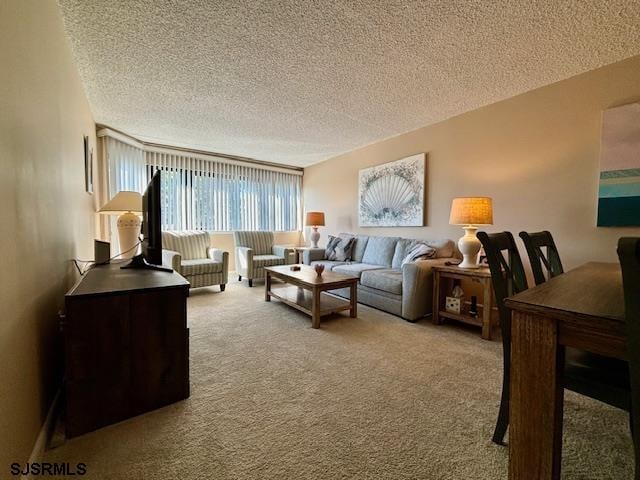 carpeted living room with a textured ceiling