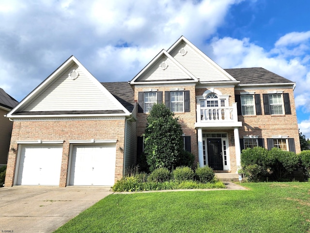 view of front of property with a balcony and a front yard