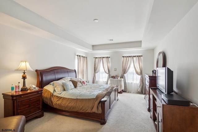 carpeted bedroom featuring a raised ceiling