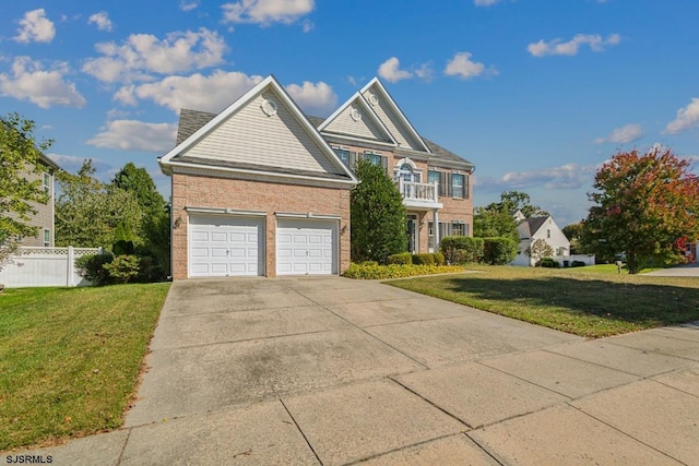 view of front facade featuring a balcony, a front lawn, and a garage