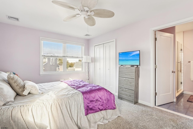 bedroom with light colored carpet, a closet, and ceiling fan