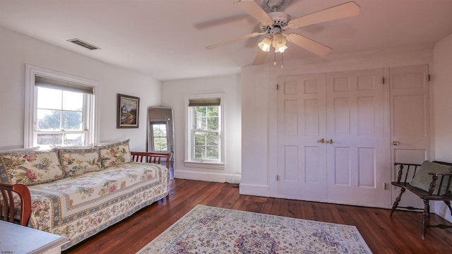 bedroom with dark hardwood / wood-style flooring, multiple windows, a closet, and ceiling fan