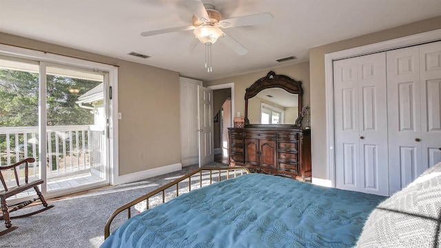 bedroom with access to outside, multiple windows, carpet floors, and ceiling fan