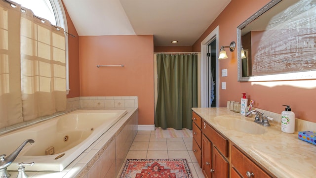 bathroom featuring vanity, tile patterned floors, and independent shower and bath