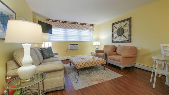 living room with an AC wall unit and dark wood-type flooring