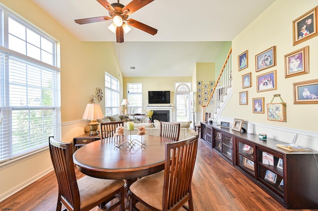 dining space featuring ceiling fan, lofted ceiling, and dark hardwood / wood-style flooring