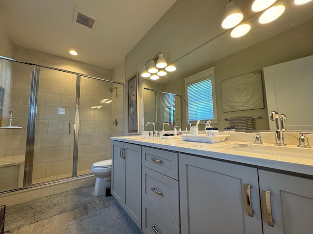 bathroom featuring vanity, toilet, and walk in shower