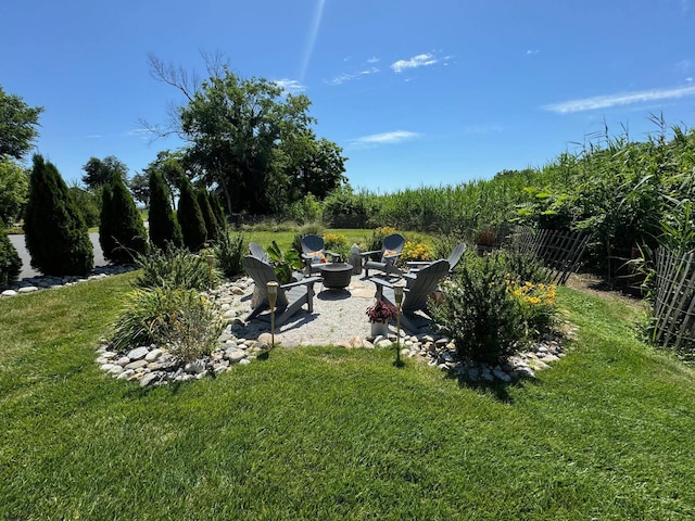 view of yard with a fire pit