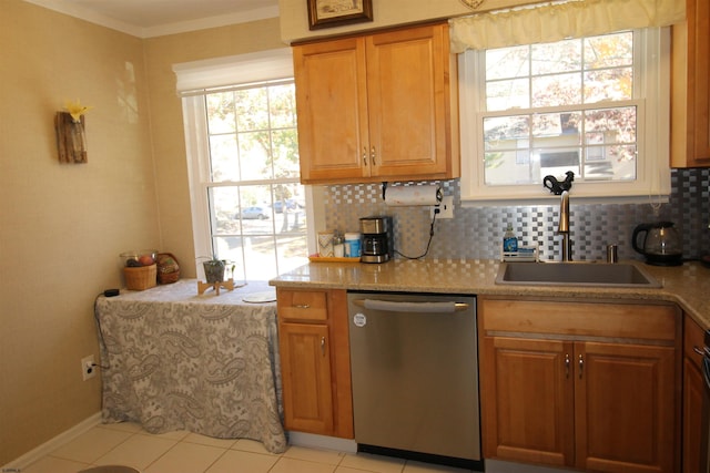 kitchen with a healthy amount of sunlight, stainless steel dishwasher, sink, and backsplash