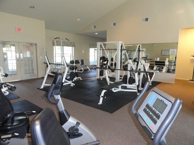 exercise room with high vaulted ceiling