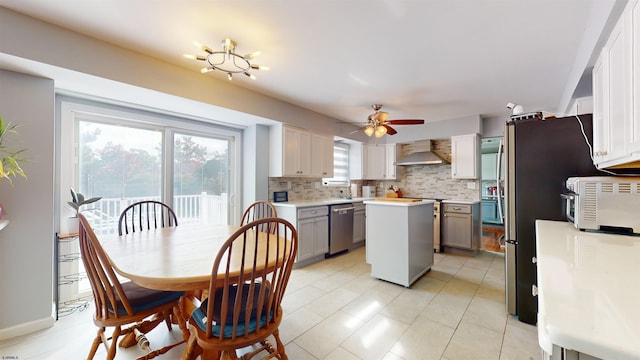 kitchen featuring dishwasher, a center island, white cabinetry, wall chimney exhaust hood, and decorative backsplash