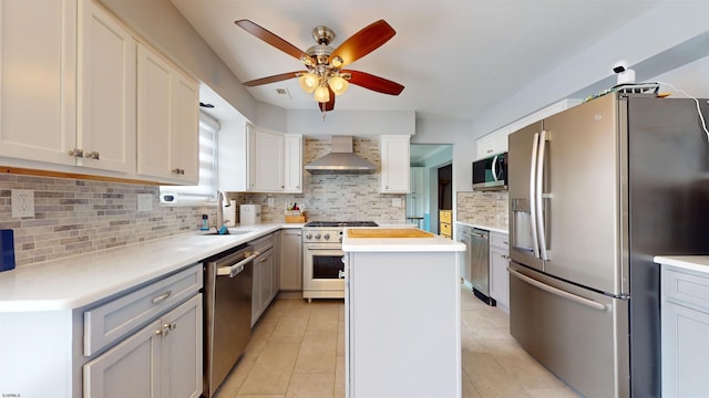 kitchen featuring backsplash, a center island, stainless steel appliances, wall chimney exhaust hood, and white cabinets