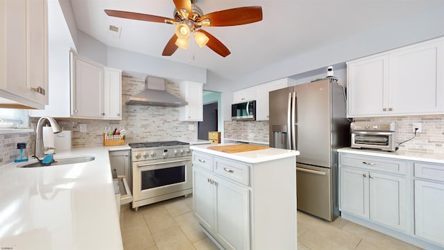 kitchen featuring wall chimney exhaust hood, sink, white cabinets, appliances with stainless steel finishes, and tasteful backsplash