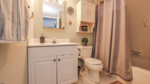 full bathroom with vanity, shower / tub combo with curtain, toilet, and tile patterned flooring