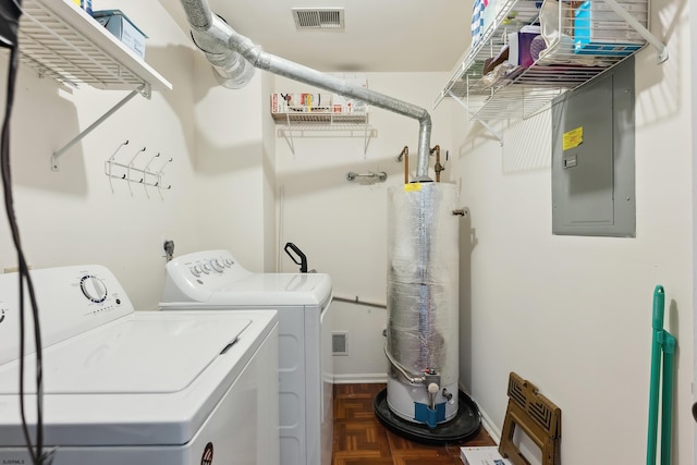 clothes washing area with water heater, electric panel, washer and clothes dryer, and dark parquet flooring