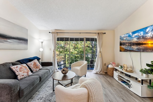 living room featuring light hardwood / wood-style floors and a textured ceiling