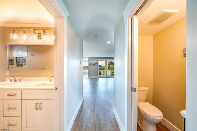 bathroom with vanity, toilet, and wood-type flooring