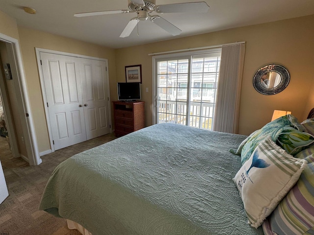 bedroom with carpet floors, a closet, and ceiling fan