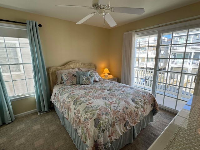 carpeted bedroom with ceiling fan and access to outside