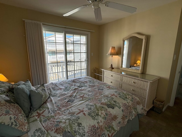 bedroom with access to outside, carpet floors, and ceiling fan