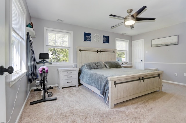 carpeted bedroom with multiple windows and ceiling fan