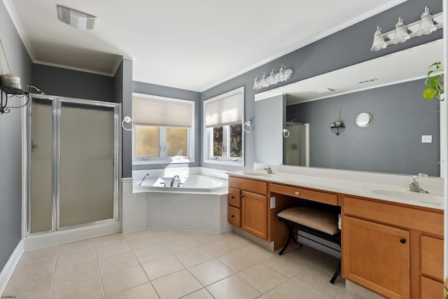 bathroom featuring vanity, independent shower and bath, and tile patterned floors