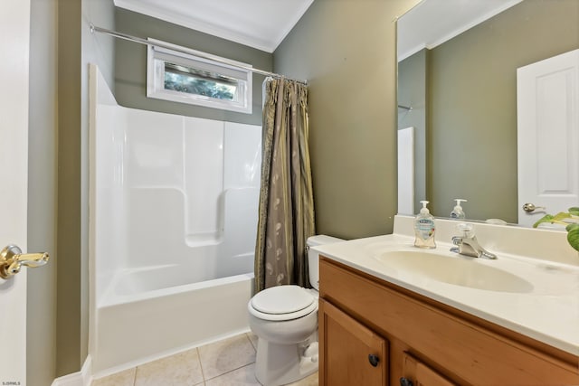 full bathroom featuring toilet, ornamental molding, vanity, shower / tub combo with curtain, and tile patterned flooring