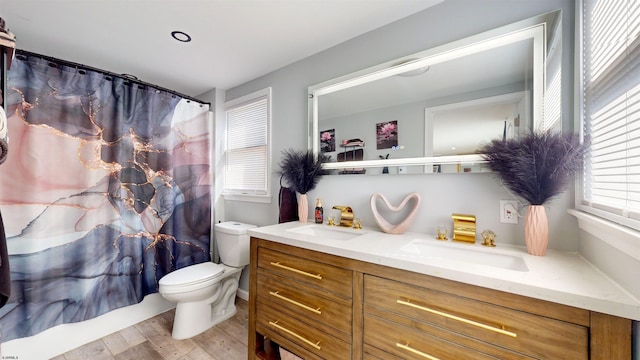 bathroom featuring vanity, toilet, wood-type flooring, and curtained shower