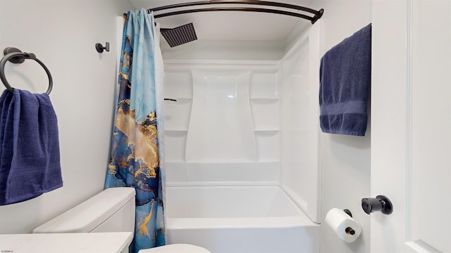 full bathroom featuring vanity, toilet, and shower / bathtub combination with curtain