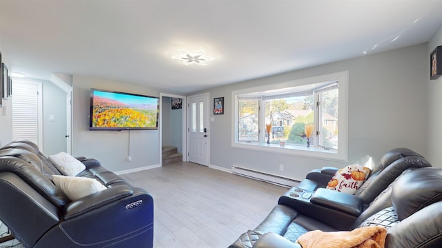 living room featuring light hardwood / wood-style floors and a baseboard radiator