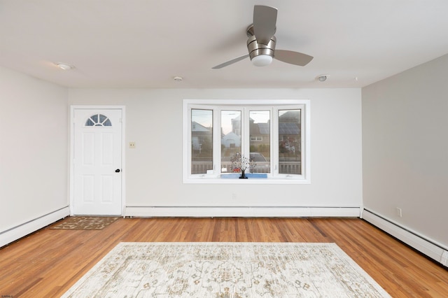 interior space with hardwood / wood-style floors, a baseboard radiator, and ceiling fan