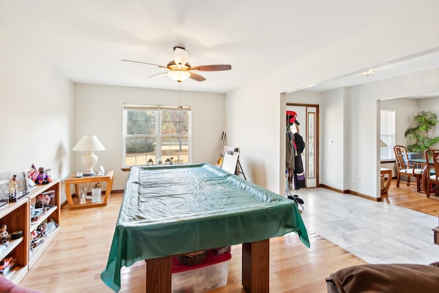 playroom featuring pool table, light wood-type flooring, and ceiling fan