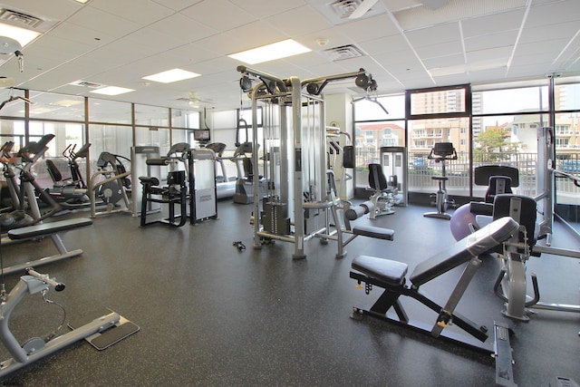 gym featuring a paneled ceiling and floor to ceiling windows