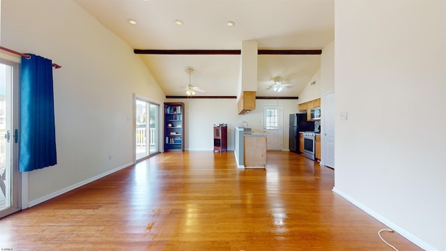 unfurnished living room featuring beam ceiling, light hardwood / wood-style flooring, high vaulted ceiling, and ceiling fan